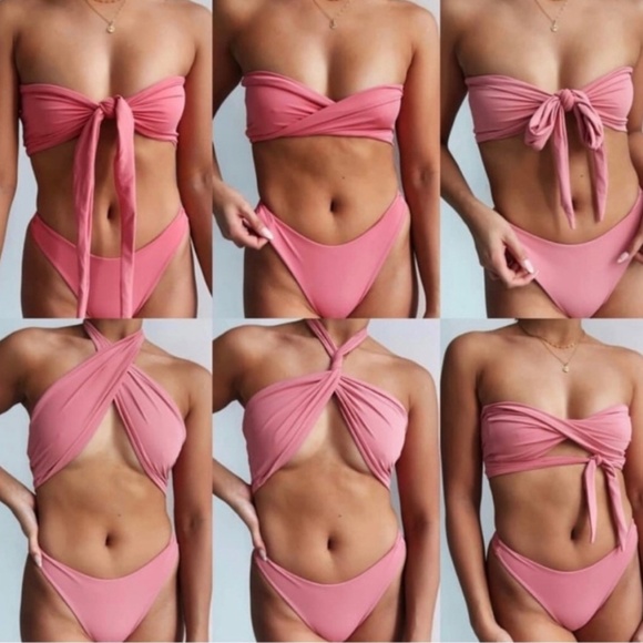 437 Active Swimwear Womens Pink Tie-Front Bandeau Bikini Set Small - Picture 2 of 10